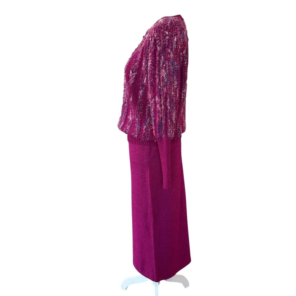 Jessica Knits Two Piece Skirt Set Magenta Metallic Sparkle Knit Midi Medium VTG - Picture 3 of 16